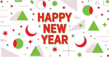 Festive happy new year illustration with vibrant party elements and celebratory confetti in red green and blue