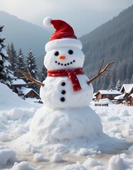 Naklejka premium Happy snowman standing in winter christmas landscapesnow background snowman christmas holiday decoration winter season cute snow