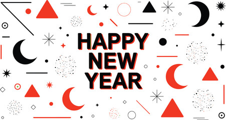 Vibrant happy new year celebration illustration with confetti balloons champagne and festive party elements in bright colors