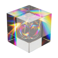 crystal light holographic glass cube render icon. Abstract geometric transparent block shapes with hologram gradient and dispersion effect. Isolated glossy square object