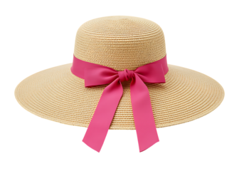 Elegant straw sun hat with a vibrant pink ribbon isolated on transparent background.