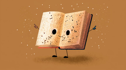 Adorable smiling Braille book character celebrating inclusive reading and tactile literacy on a warm educational background with generous copy space.