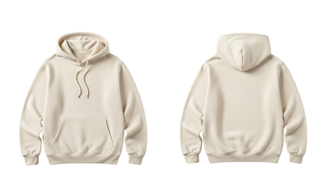 Front and back view of a beige hoodie isolated on transparent background for mockup