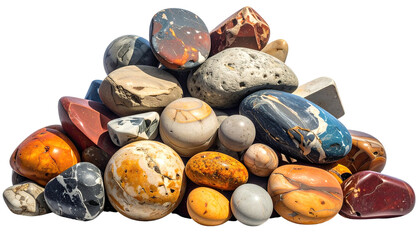 Stacked smoothed rocks, varied colors, sizes, & textures