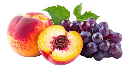 Still life whole peach, halved peach, purple grapes, green leaves