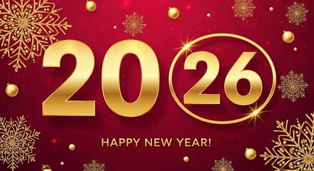 Golden 2026 new year celebration with snowflakes and confetti