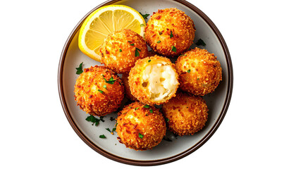 Fried risotto balls w/ lemon wedge on round plate, cut ball open