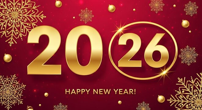 Golden 2026 new year celebration with snowflakes and confetti