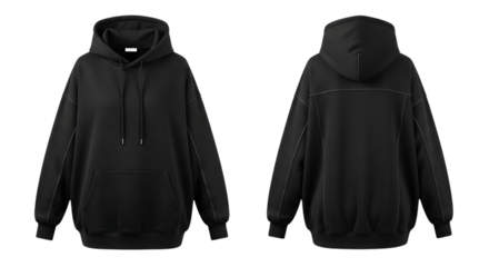 Front and back view of a black hoodie isolated on transparent background for mockup