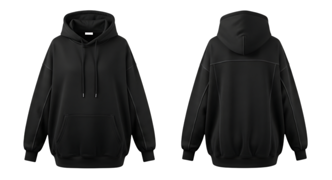 Front and back view of a black hoodie isolated on transparent background for mockup