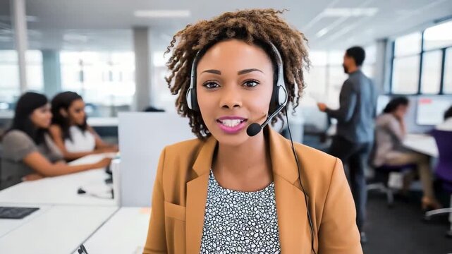 Smiling african female adult call center agent assisting clients in modern office environment - Powered by Adobe
