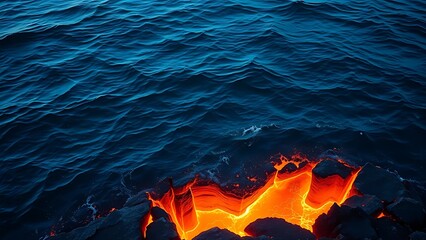 subsurface. Deep blue ocean waves with glowing cracks beneath the surface, hinting at volcanic activity. ESG reports, sustainability campaigns, designed for environmental awareness campaigns.