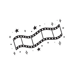 Doodle film strip illustration. Hand-drawn cinema movie reel sketch. Black and white vector icon for filmmaking, entertainment, and photography, isolated on a white background.
