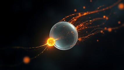 subjective. A single, glowing primordial cell dividing rapidly in a dark aquatic environment with vibrant energy trails. STEM education sheets.