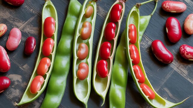 Fresh Red Kidney Beans with Green Pods A Vibrant Overhead Shot of Healthy Food Ingredients