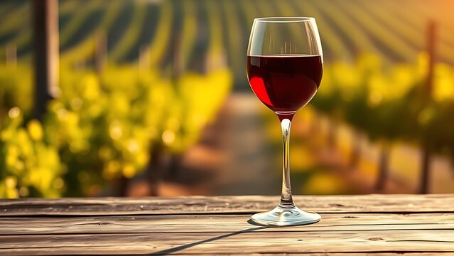tannin. A rustic wooden table holds a glass of red wine with a softly blurred vineyard in the background, bathed in warm amber light. bar promotions.