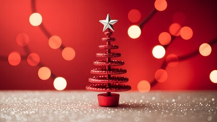 Small red spiral christmas tree with star topper and bokeh lights background