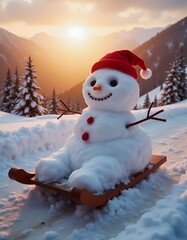 Obraz premium Cheerful snowman sledding down a snowy hill at sunset snowman christmas holiday decoration winter season cute snow