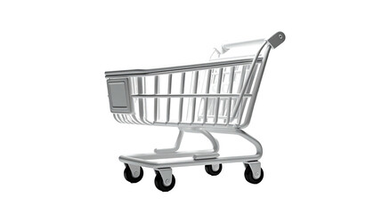 Side view of a metallic, empty shopping cart on a black background