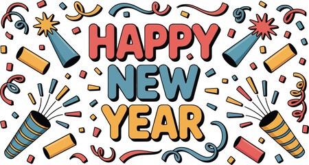Festive happy new year celebration illustration with party elements and vibrant colors