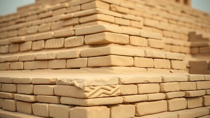 ziggurat. Ancient Mesopotamian mud-brick ziggurat structure, weathered surface in warm desert light. real-estate listings.