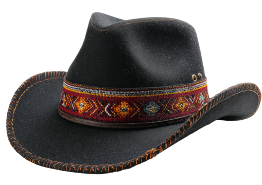 Dark cowboy hat with patterned band and stitched brim edge