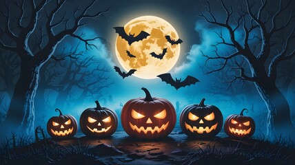 Spooky halloween night with glowing jack o lanterns and bats flying under a full moon