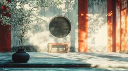 Tranquil Japanese Garden Scene with Cherry Blossom Tree and Circular Window