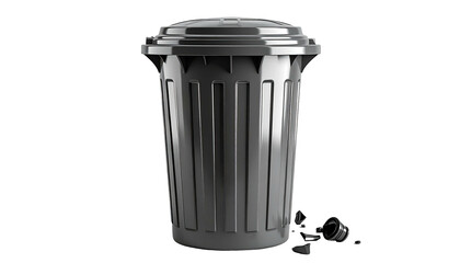 Gray plastic trash can with lid, fragments nearby