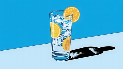 Tall glass of clear refreshing drink with ice and orange slices casting a shadow
