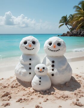 A family of snowman made from sand on a tropical beach snowman christmas  holiday decoration winter season cute snow