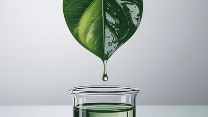A single green leaf drips a clear liquid into a laboratory beaker with green liquid inside