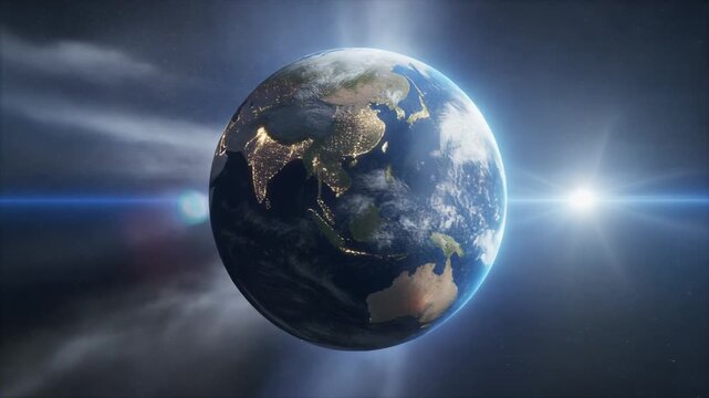 Ultra-realistic 3D Flat Earth model viewed from above, camera orbiting slowly, seamless 