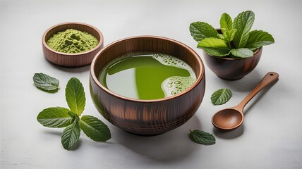 A refreshing bowl of vibrant green matcha tea with fresh mint leaves and a wooden spoon