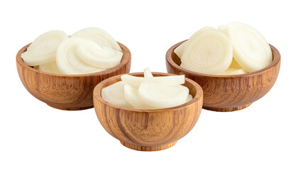 Sliced white roots filling three small wooden bowls, isolated