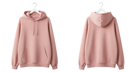 Front and back view of pink hoodie isolated on transparent background for mockup