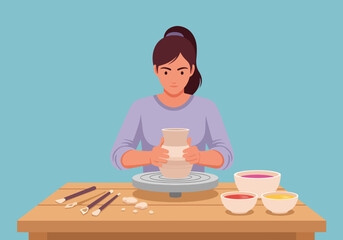 Woman making a clay pot on a potter's wheel. Creative hobby and craft workshop concept. Flat design graphic