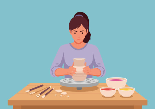 Woman making a clay pot on a potter's wheel. Creative hobby and craft workshop concept. Flat design graphic