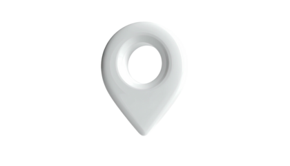 Sleek, white location pin, map marker, centered, glossy