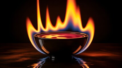 Close up of a dark liquid in a small bowl engulfed in bright orange and yellow flames