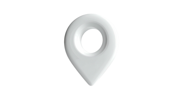 Sleek, white location pin, map marker, centered, glossy