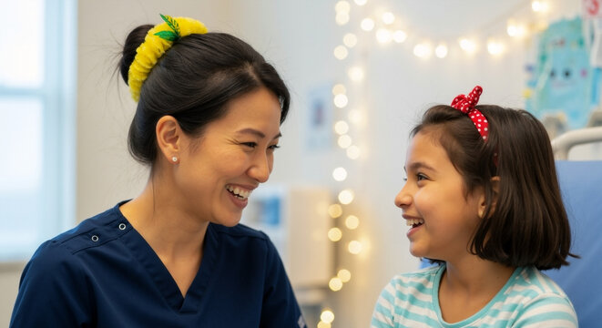 A friendly female nurse smiling with a young girl patient in a hospital. Positive pediatric healthcare and compassionate care during a New Year celebration