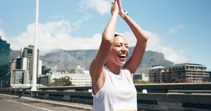 Runner, applause or happy woman on city road for marathon race, cardio or celebrate achievement. Goal, finish event or athlete with resilience challenge success, outdoor fitness or clap for winning