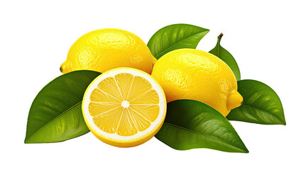 Three lemons and several leaves are piled up