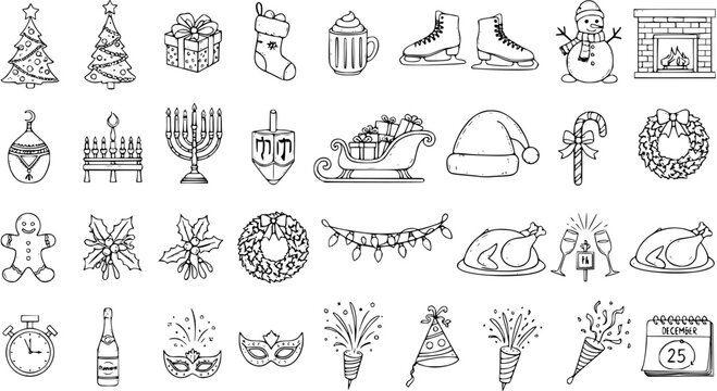 Festive Holiday Icons Set: Hand-Drawn Christmas, Hanukkah, and New Year Symbols