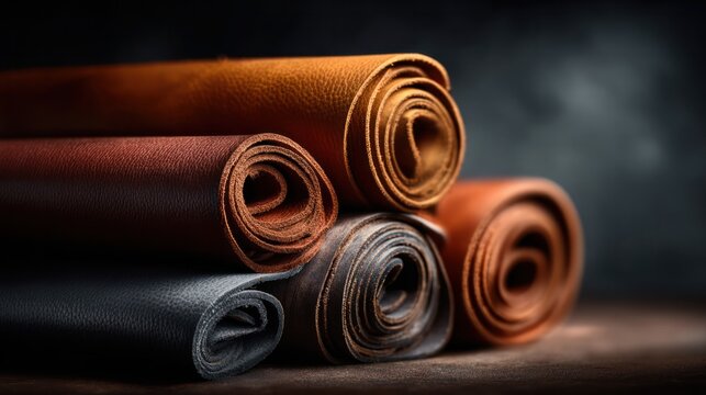 Leather rolls showcase studio setting product photography textured materials close-up view craftsmanship highlight