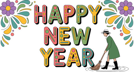 Folk art style happy new year greeting card illustration with vibrant colors and festive elements