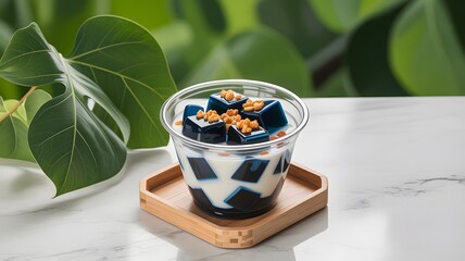 Refreshing blue jelly dessert with milk and crunchy toppings served in a clear cup on a wooden coaster
