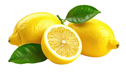 Three lemons, one halved, with green leaves on a dark background