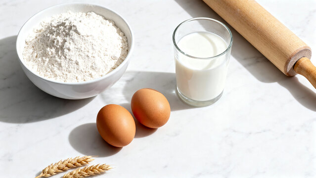 Ingredients for baking a simple cake with flour, eggs, milk, and other essentials on a marble countertop